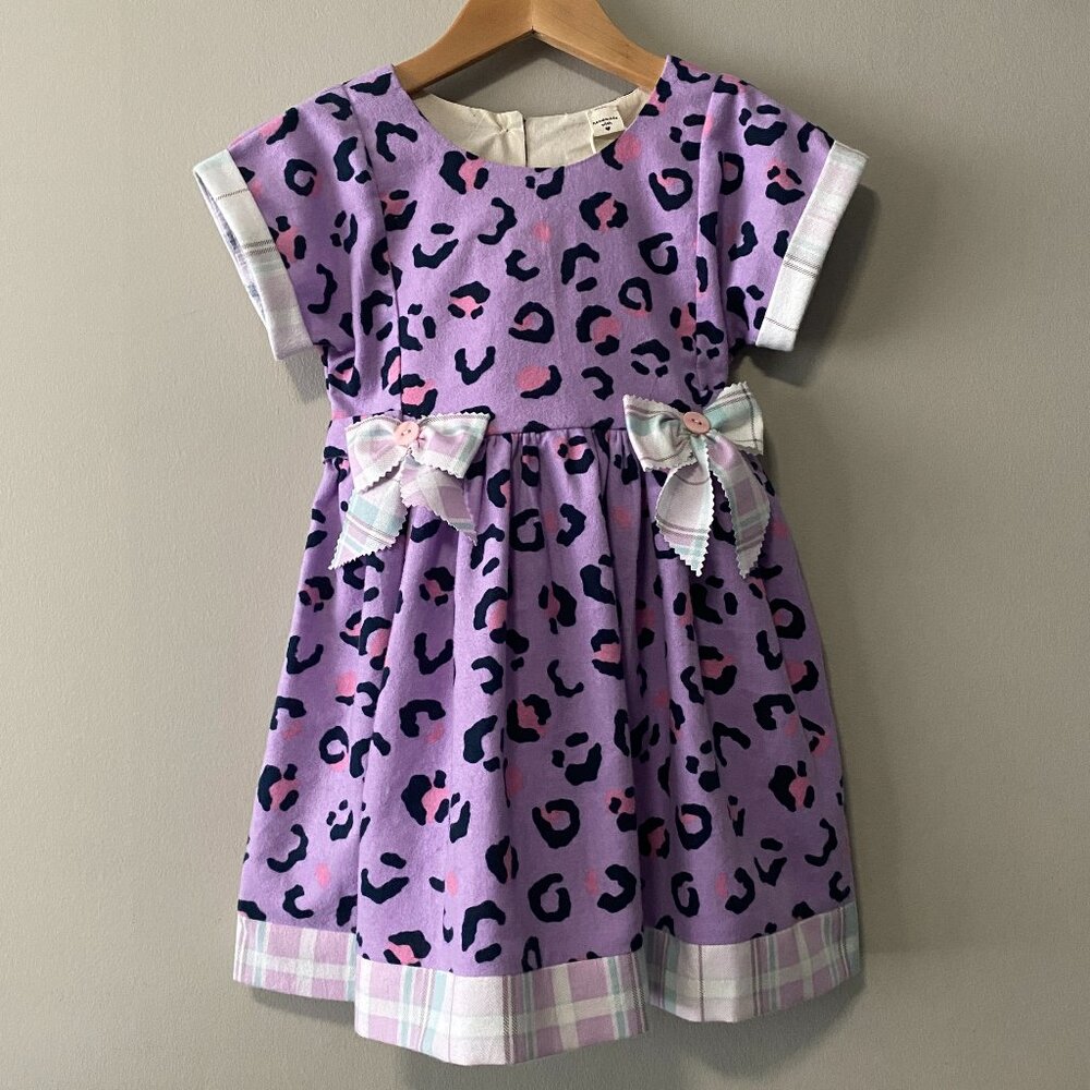 Handmade Children's 100% Cotton Flannelette Purple Pink Leopard Plaid Dress - Picture 1 of 14